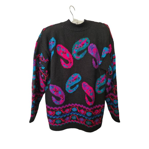 Vintage 1980s Needleworks Black Wool & Cotton Sweater Colorful Paisley Pattern M - Picture 2 of 3
